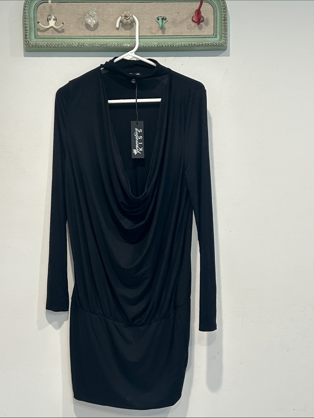 Women’s Sexy little Back Long Sleeve chocker Draped Cowl Neck mini Dress medium